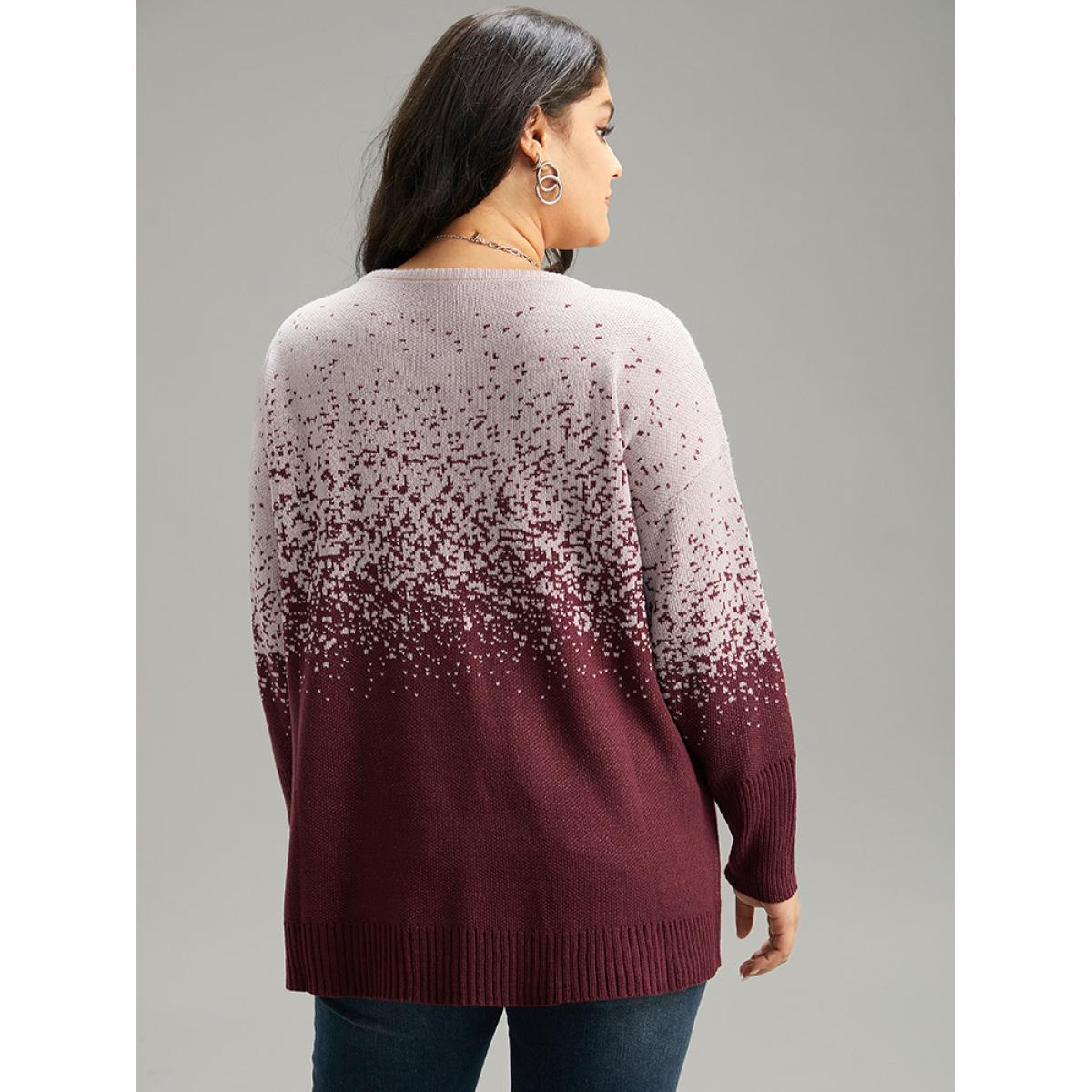 Plus Size Ombre Contrast Heather Round Neck Pullover Burgundy Women Casual Loose Long Sleeve Round Neck Dailywear Pullovers BloomChic 30/6X Product Image