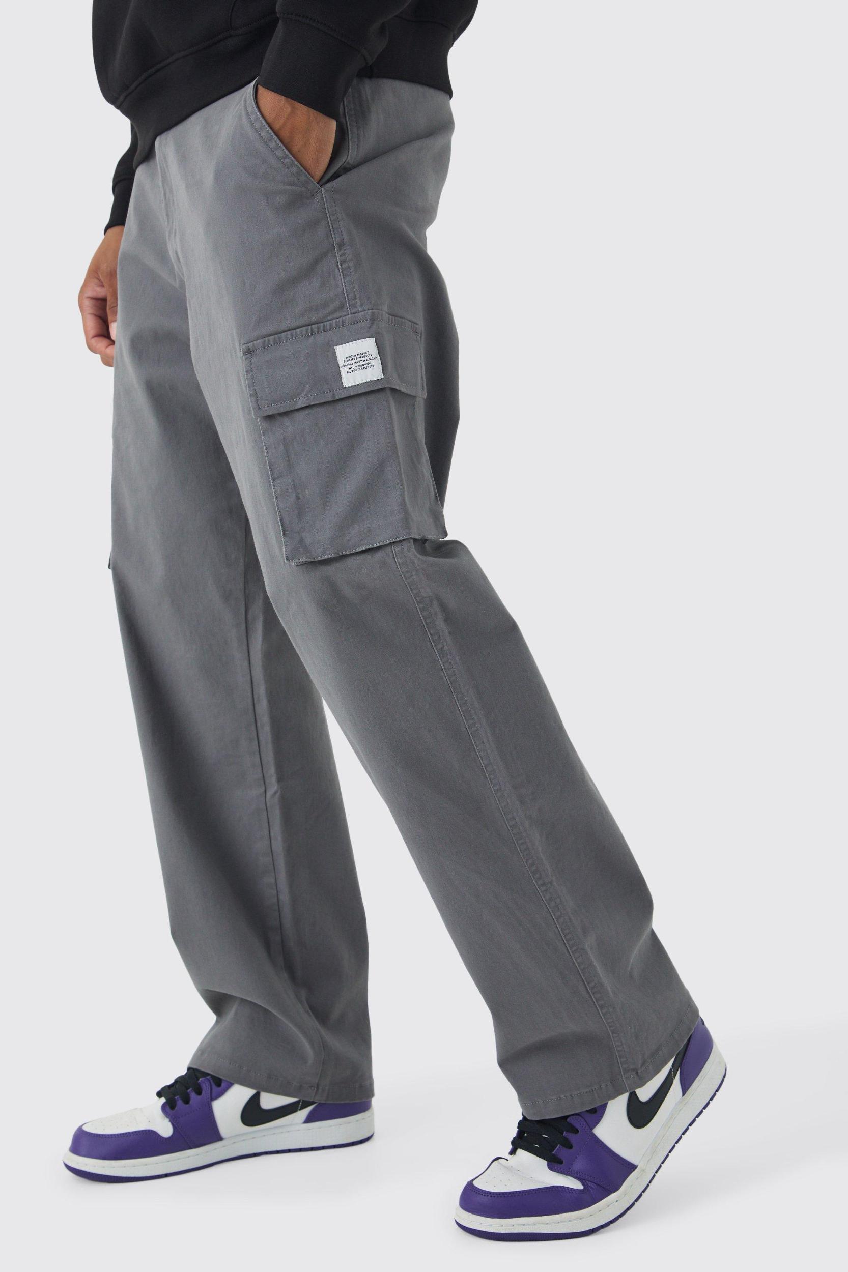 Mens Relaxed Fit Fixed Waist Woven Tab Cargo Pants - Grey Product Image