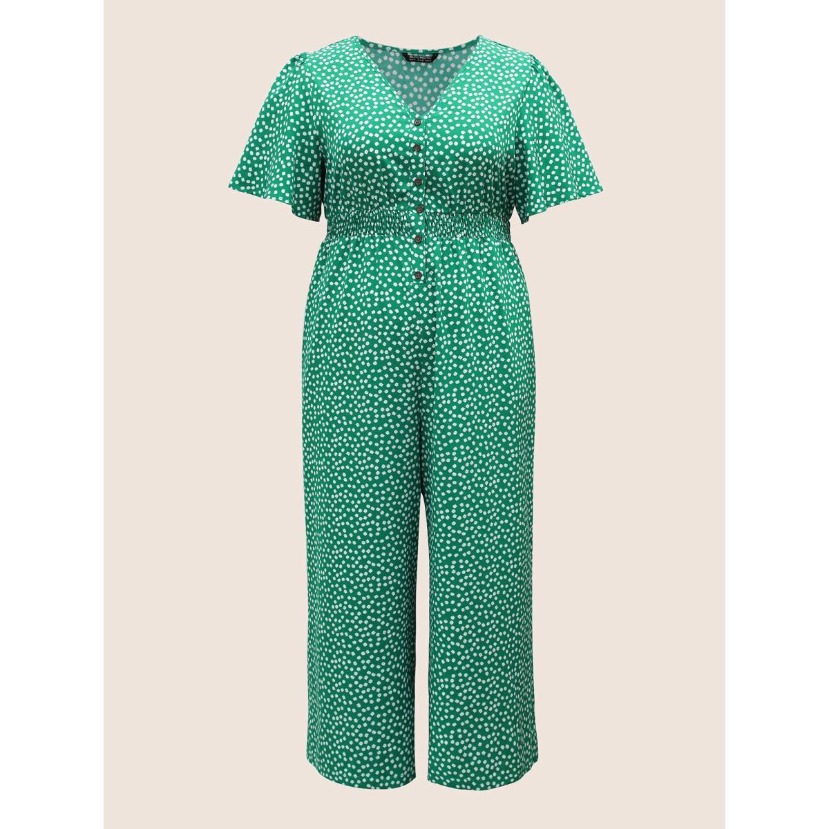 Plus Size Emerald Ditsy Floral Elastic Waist Shirred Pocket Jumpsuit Women Casual Short sleeve V-neck Everyday Loose Jumpsuits BloomChic 28/5X Product Image