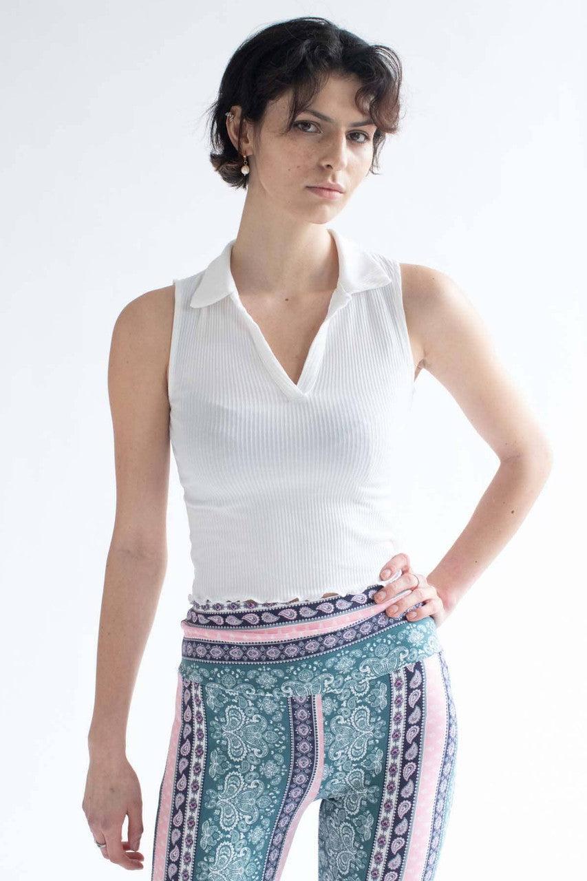 White Ribbed Sleeveless Polo 1 Product Image