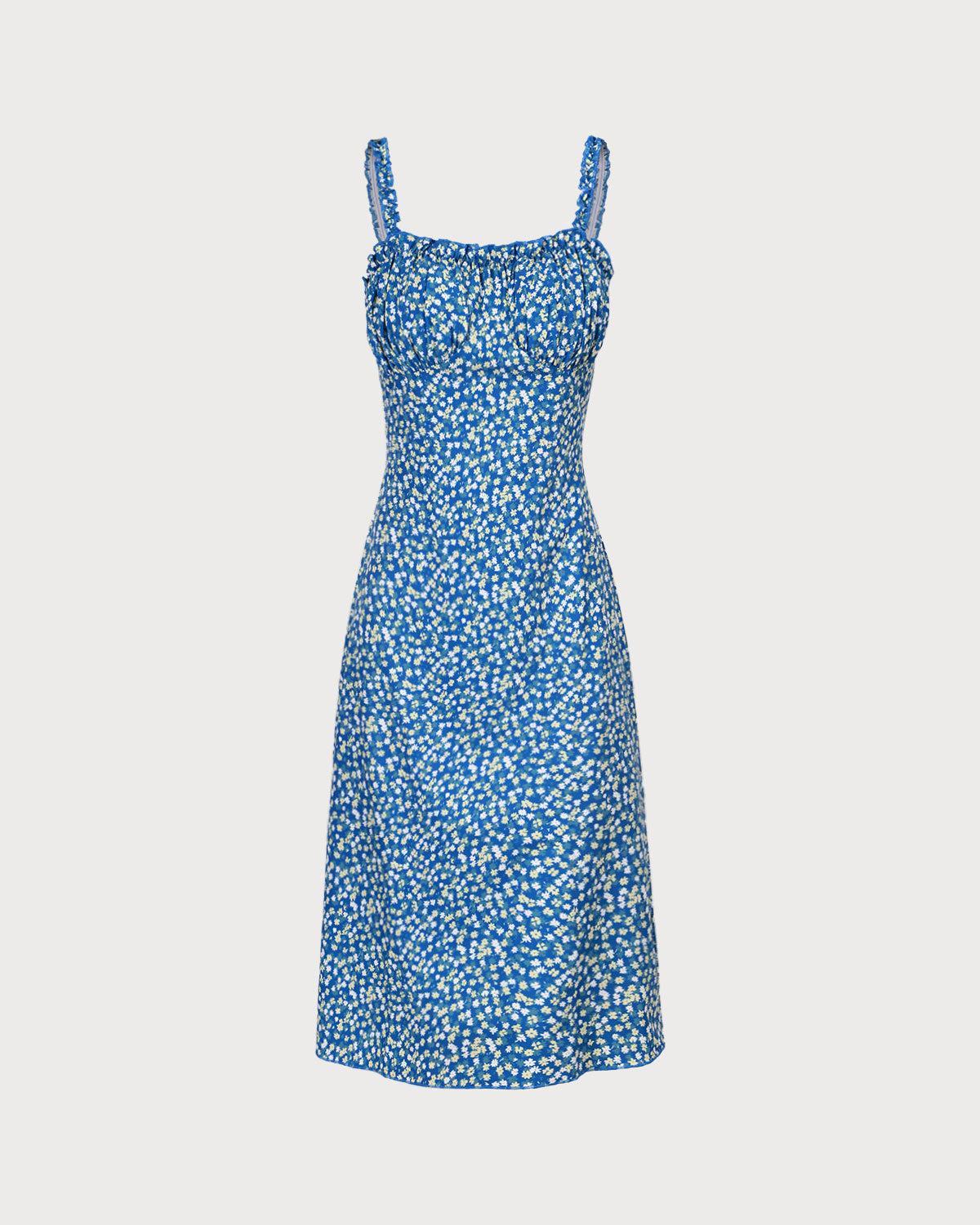 The Blue Floral Frill Trim Midi Dress Product Image
