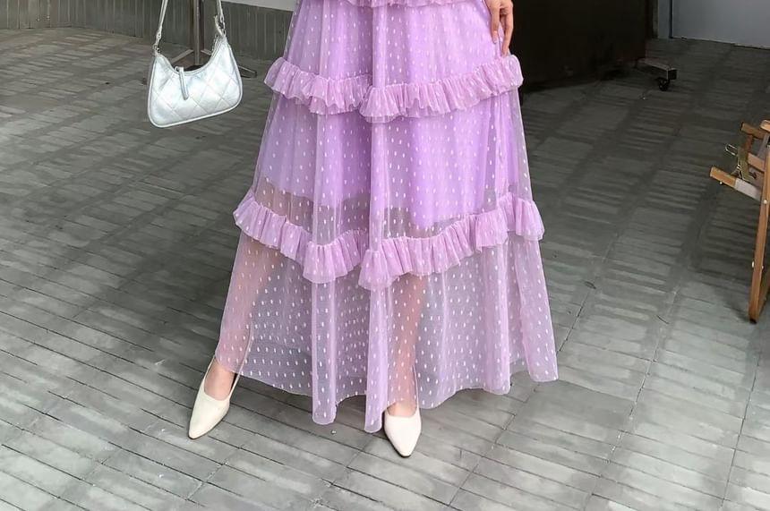 Short-Sleeve Dotted Ruffle Mesh Maxi A-Line Dress Product Image
