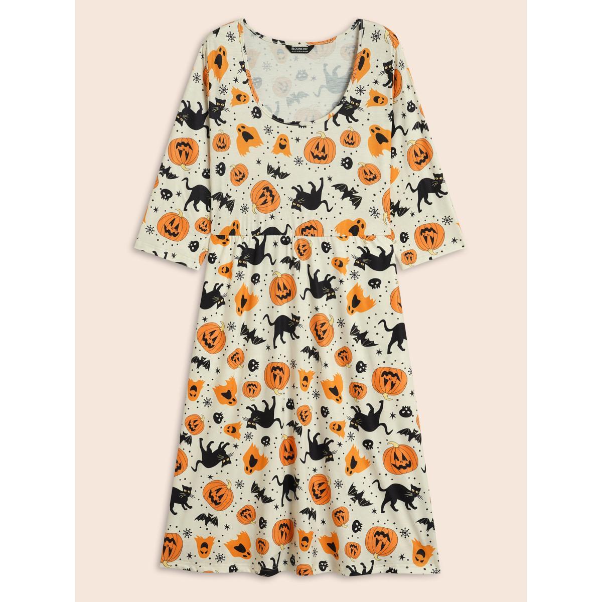 Plus Size Pumpkin Spiced Elastic Waist Printed Midi Dress Ivory Women Cocktail Non Party Curvy Bloomchic 22-24/3X Product Image
