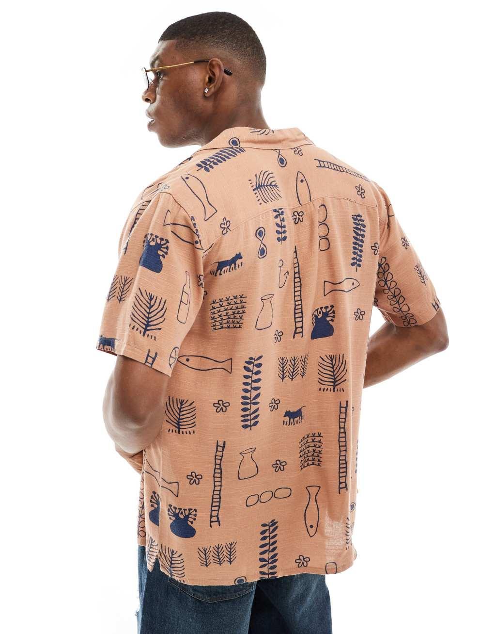 Only & Sons revere collar fit shirt with doodle print in washed orange Product Image