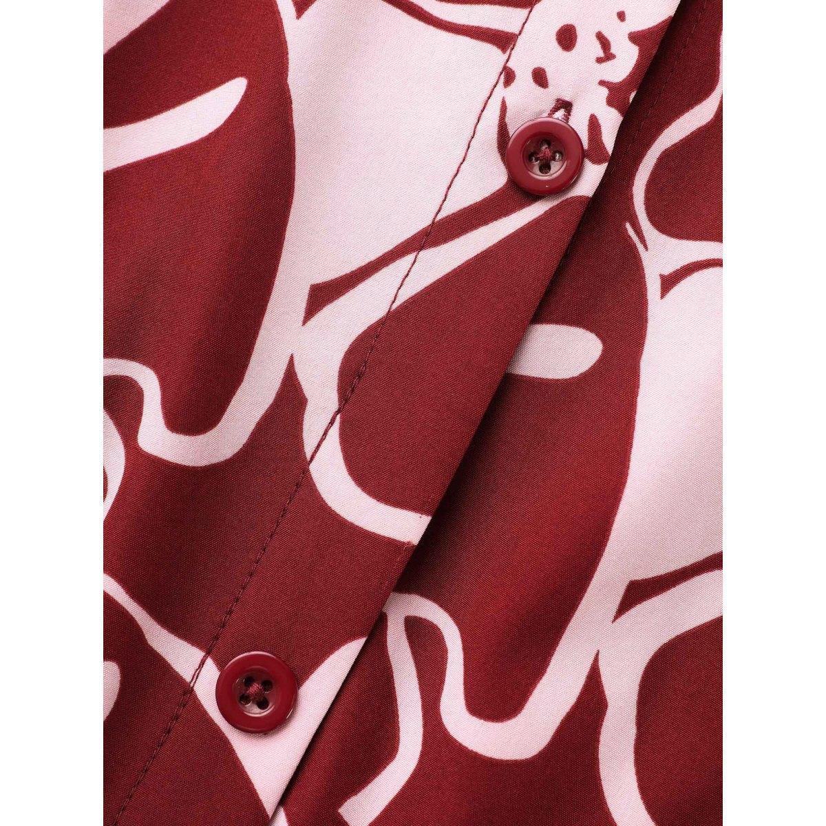 Plus Size Floral Button Up Belted Dress Burgundy Women Elegant Belted Round Neck Long Sleeve Curvy BloomChic 12/L Product Image