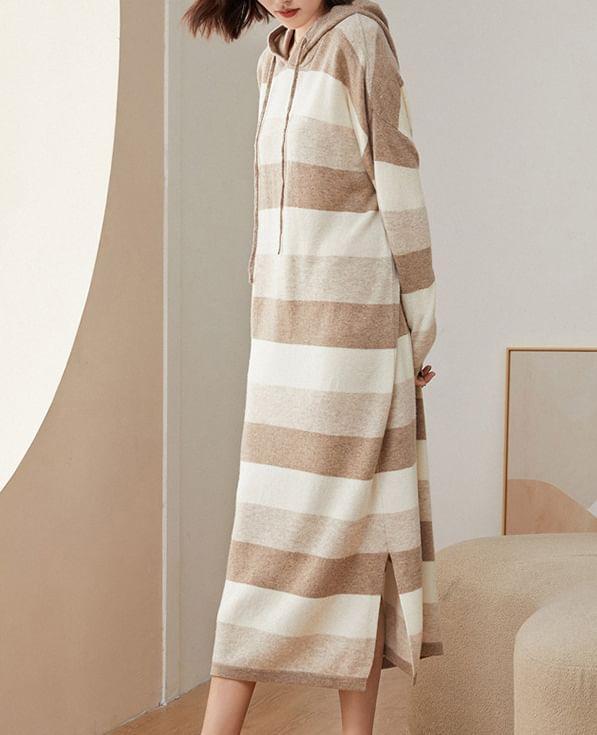 Color Block Drawstring Slit Knit Midi Hoodie Dress Product Image