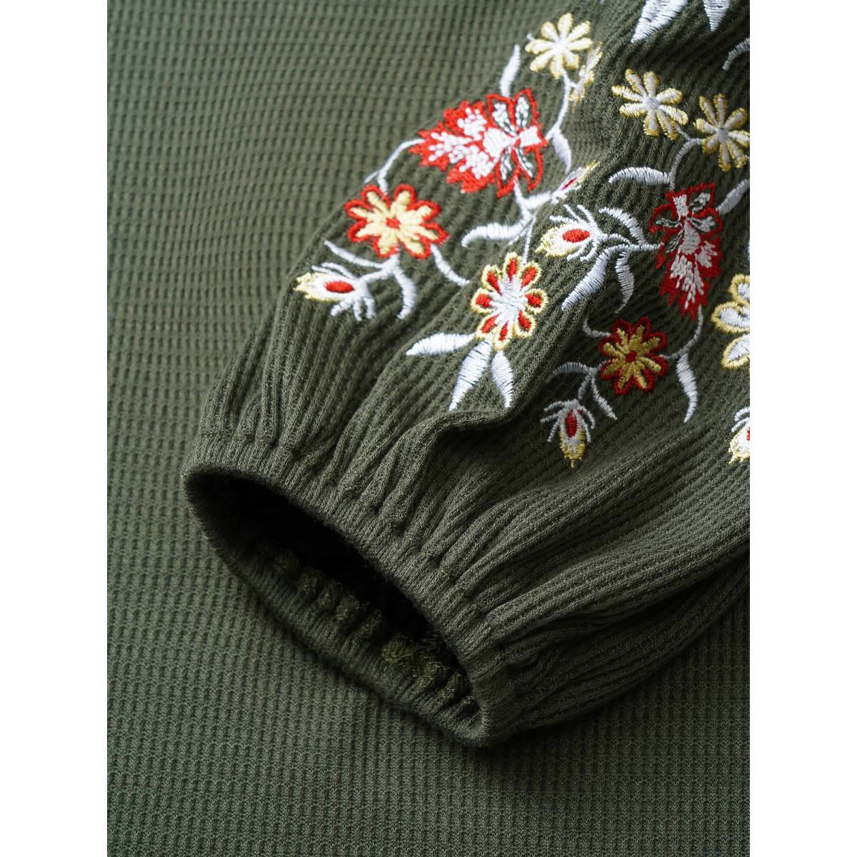 Plus Size Waffle Knit Floral Embroidered Lantern Sleeve T-shirt ArmyGreen Women Elegant Texture Floral Round Neck Everyday T-shirts BloomChic 14-16/1X Product Image