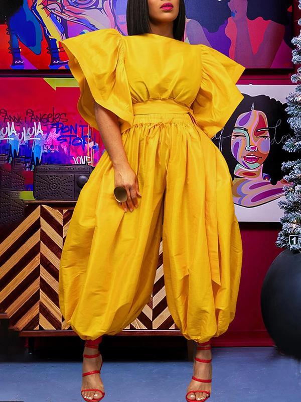 Flying Sleeves Loose Pleated Solid Color Split-Joint Round-Neck Blouses&Shirts Tops Product Image