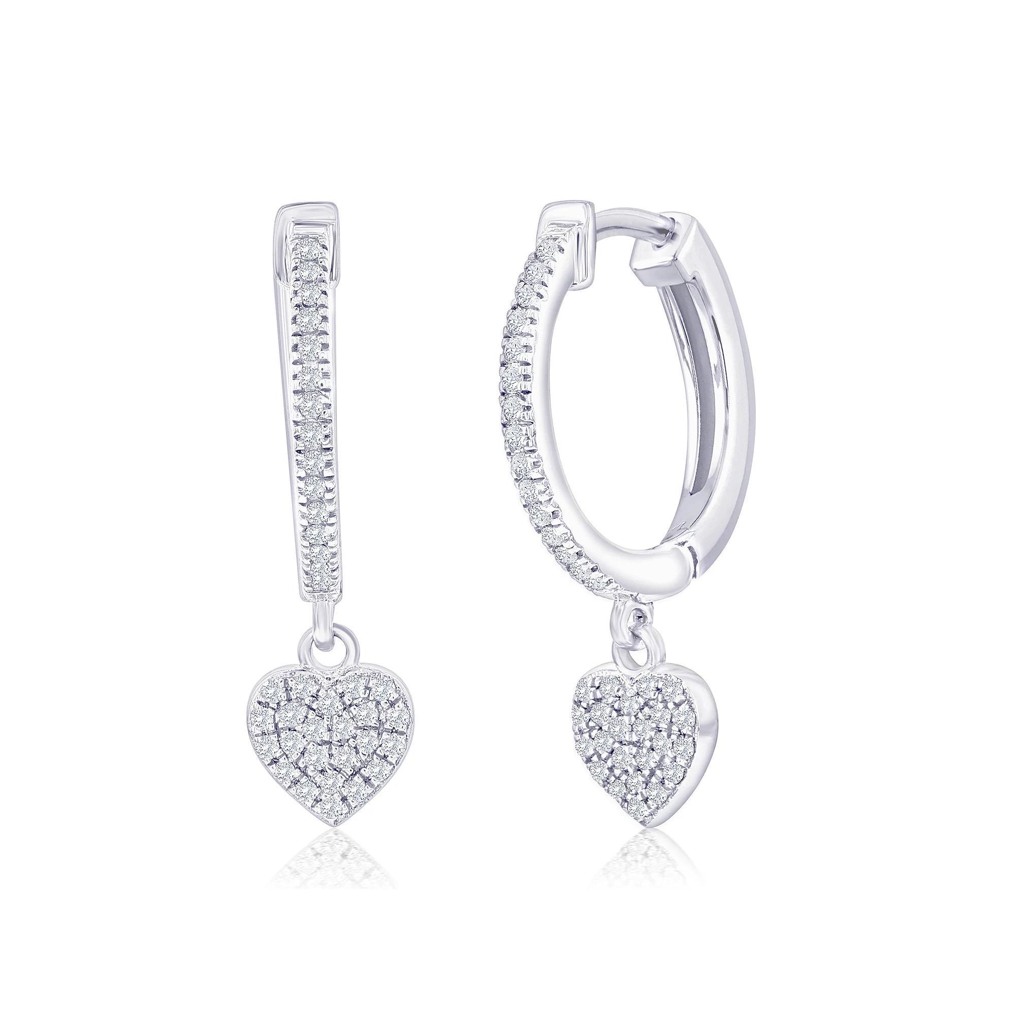 Divine Gold Sterling Silver 1/8 Carat T.W. Diamond Heart Charm Huggie Earrings, Women's Product Image