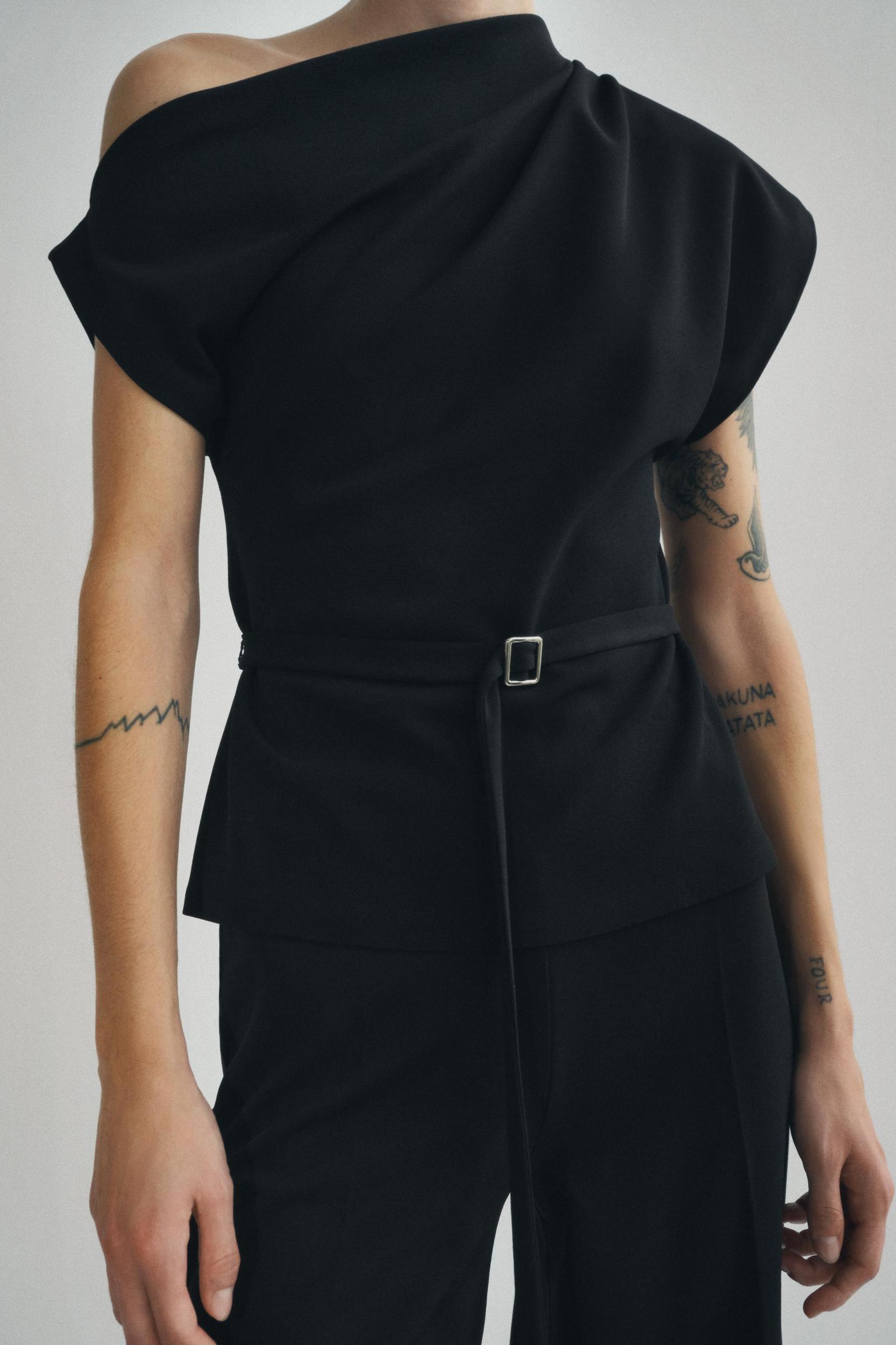 ASYMMETRIC NECKLINE BELTED TOP Product Image