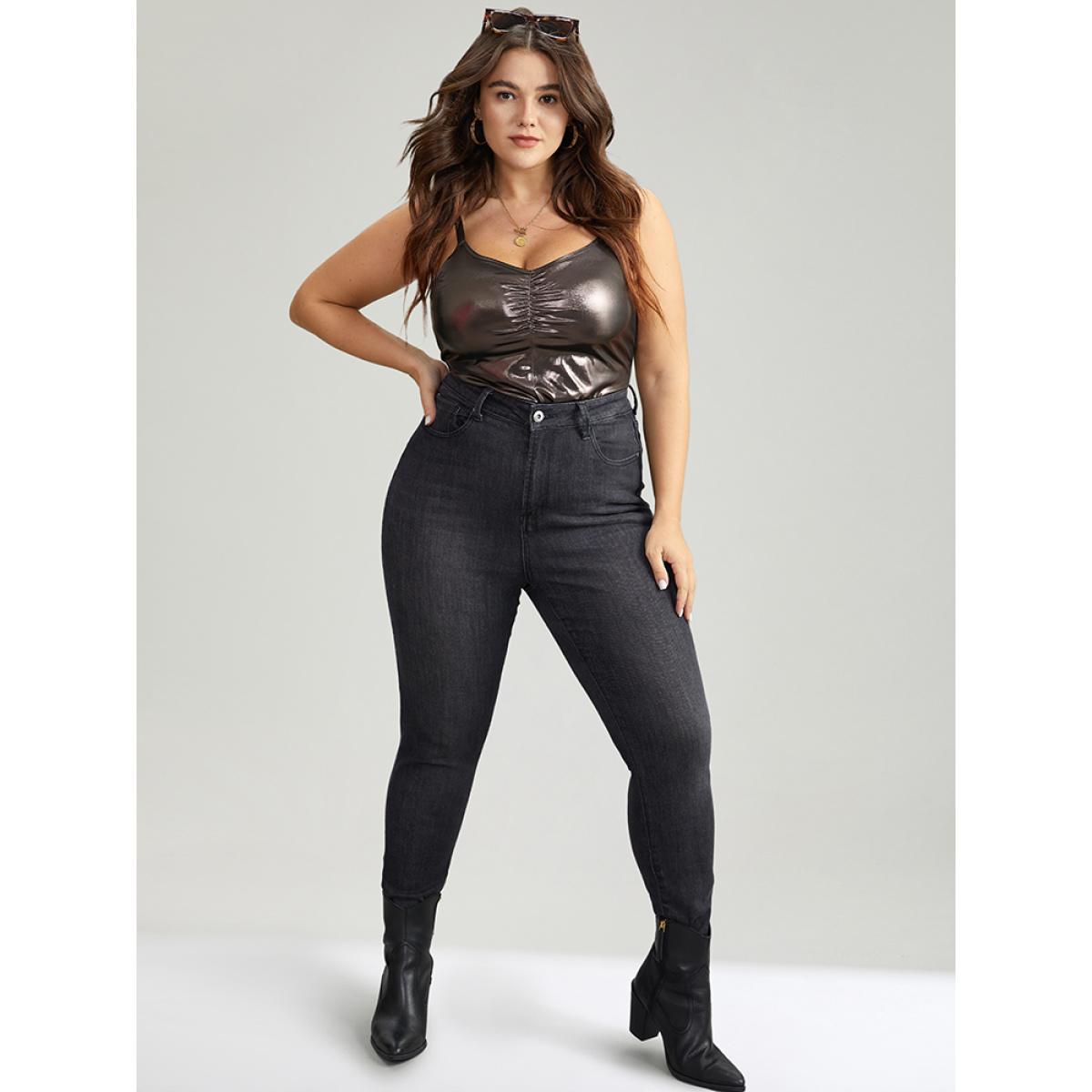Plus Size Solid Patchwork Ruched Adjustable Straps Bodysuit Women Black Plain Gathered Bodysuits BloomChic 28/5X Product Image