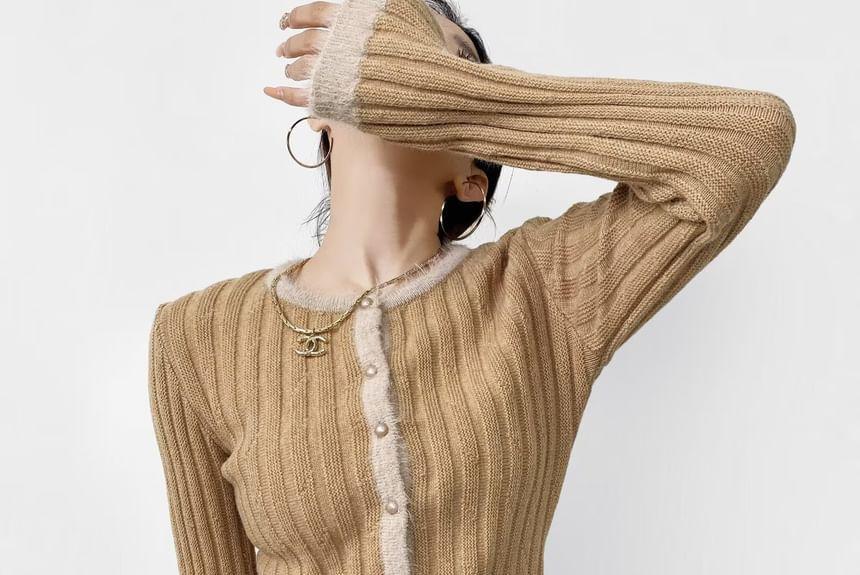 Plain Ribbed Button-Up Cardigan Product Image