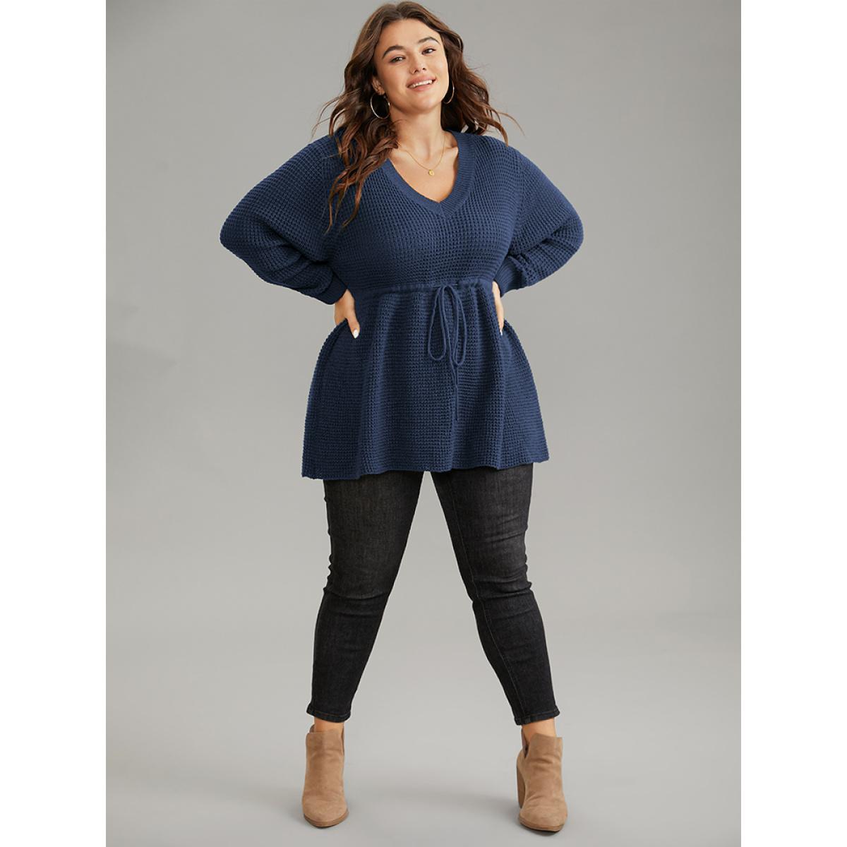 Plus Size Solid Drawstring Curved Hem Knit Pullover Midnight Women Casual Long Sleeve V-neck Everyday Pullovers BloomChic 10/M Product Image