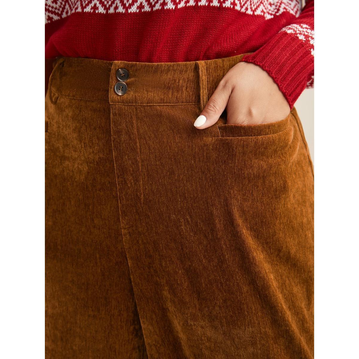 Plus Size Mid Rise Button Up Straight Leg Pants Women Yellowishbrown Casual Straight Leg Mid Rise Everyday Pants BloomChic 18-20/2X Product Image