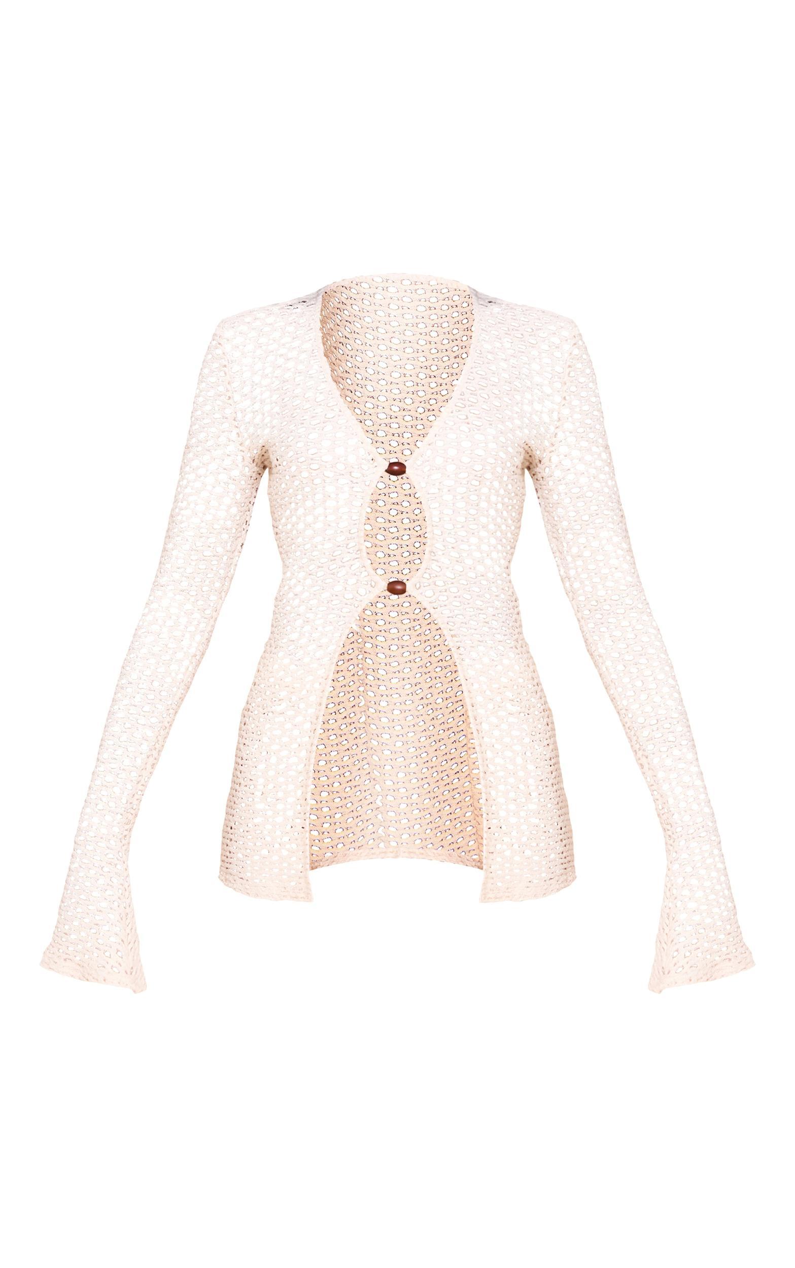 Stone Crochet Bead Detail Long Sleeve Beach Top Product Image