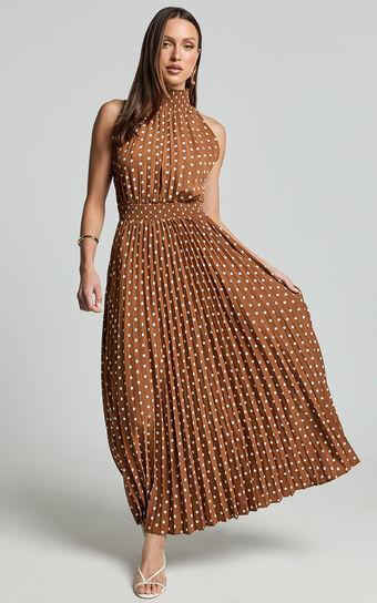 Jacynthia Midi Dress - Pleated High Neck Dress in Chocolate/White Product Image