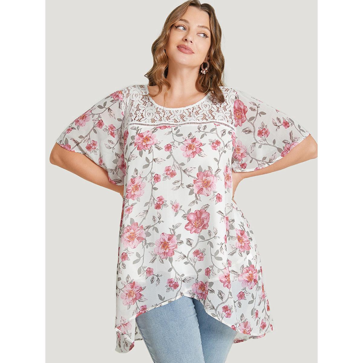Plus Size White Floral Lace Ruffle Sleeve High Low Hem Blouse Women Elegant Short sleeve Round Neck Dailywear Blouses BloomChic 12/L Product Image
