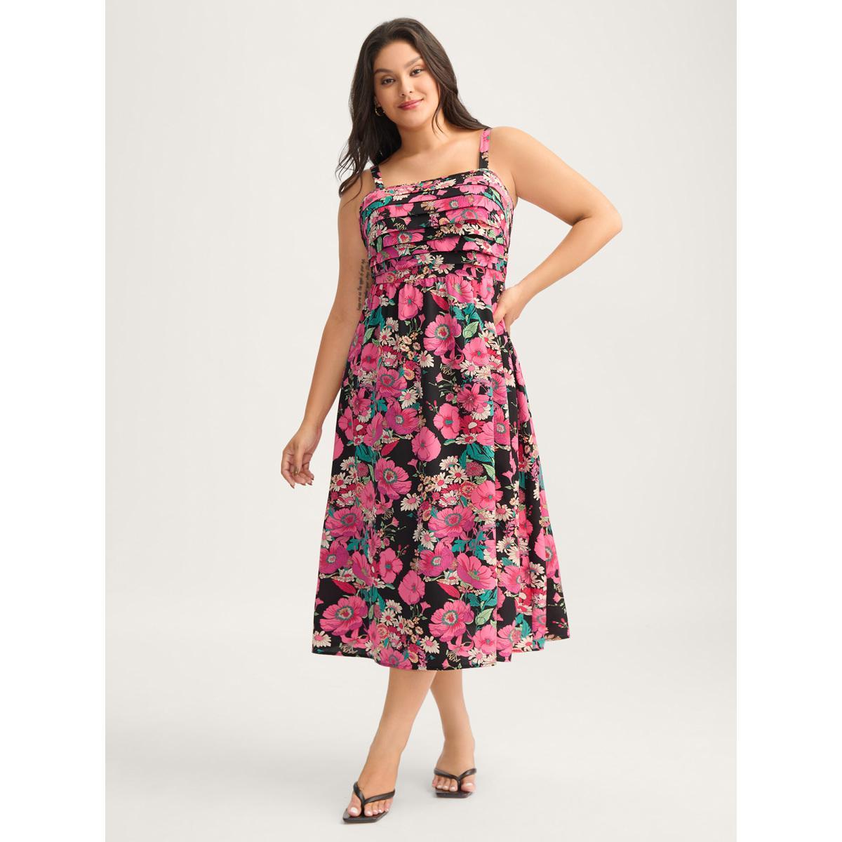 Plus Size Pleated Side Pockets Floral Midi Dress Black Women Tucked seam Non Sleeveless Curvy BloomChic 26/4X Product Image
