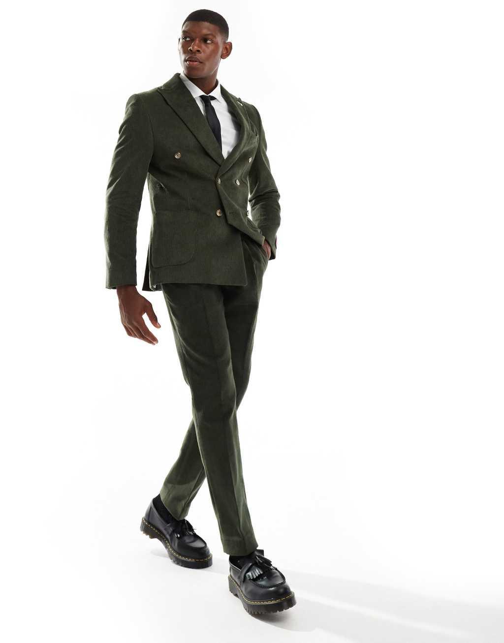Shelby and Sons cord double breasted slim blazer in khaki - part of a set Product Image