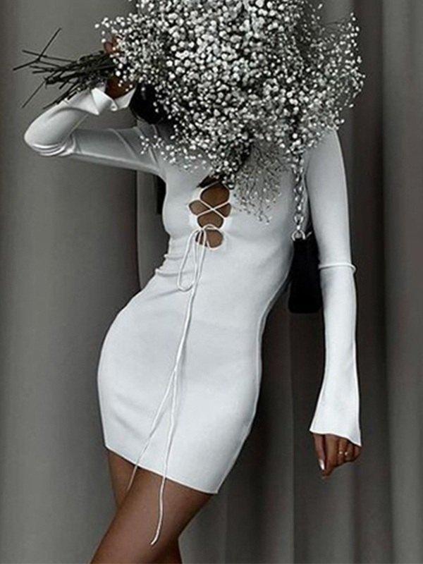 Tie Front Ribbed Long Sleeve Mini Dress Product Image