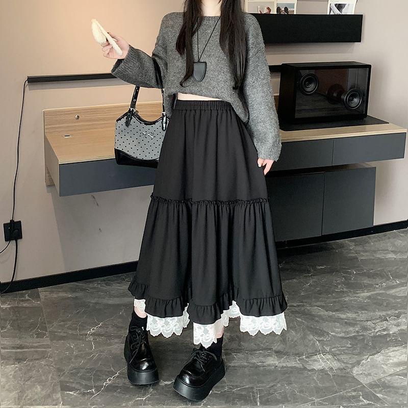 Elastic Waist Ruffle Panel Lace Midi A-Line Skirt Product Image
