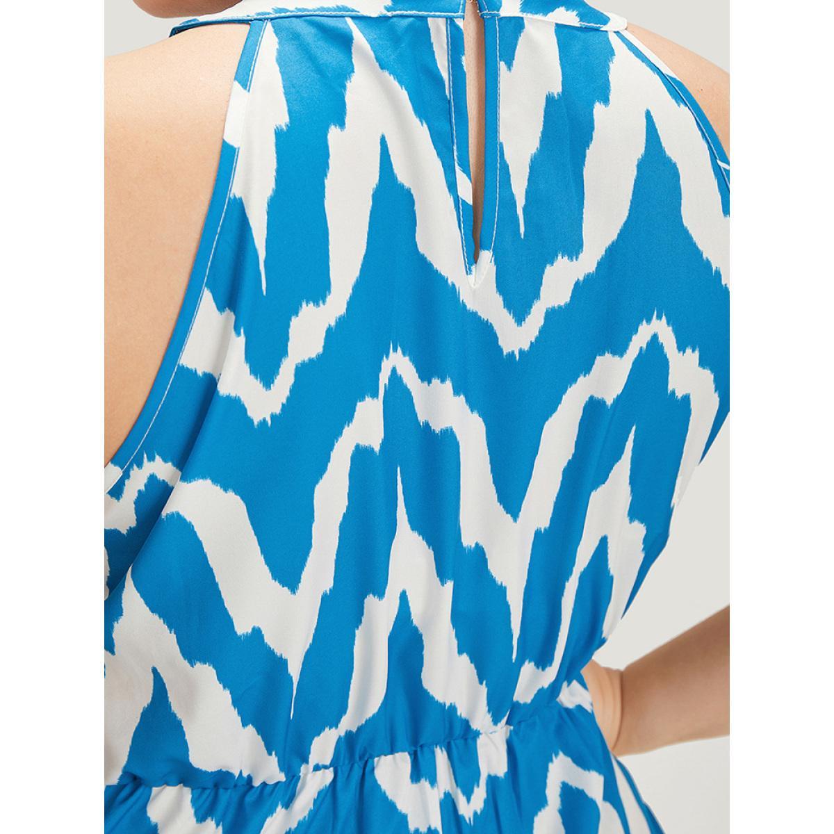 Plus Size Geometric Print Halter Pocket Ruffle Tiered Dress Blue Women Elegant Contrast Halter neck Sleeveless Curvy Midi Dress BloomChic 30/6X Product Image