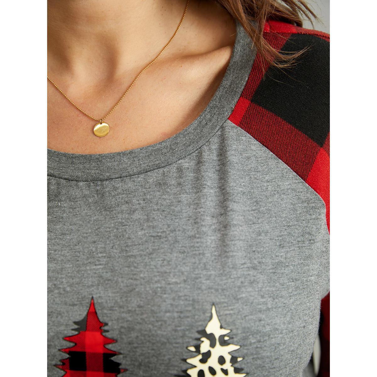 Plus Size Plaid Christmas Trees Round Neck T-shirt Gray Women Casual Contrast Christmas Festival-Christmas T-shirts BloomChic 10/M Product Image