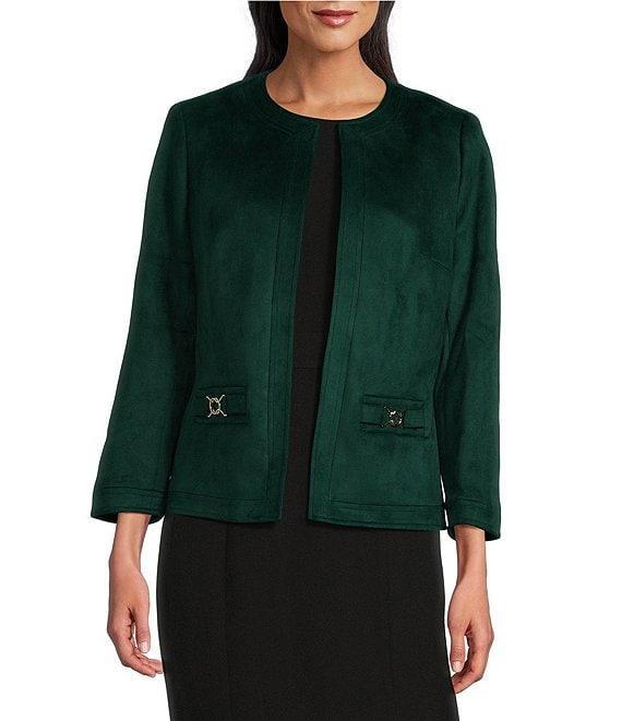 Kasper Faux Suede Framed Open Front Collarless Long Sleeve Jacket Product Image