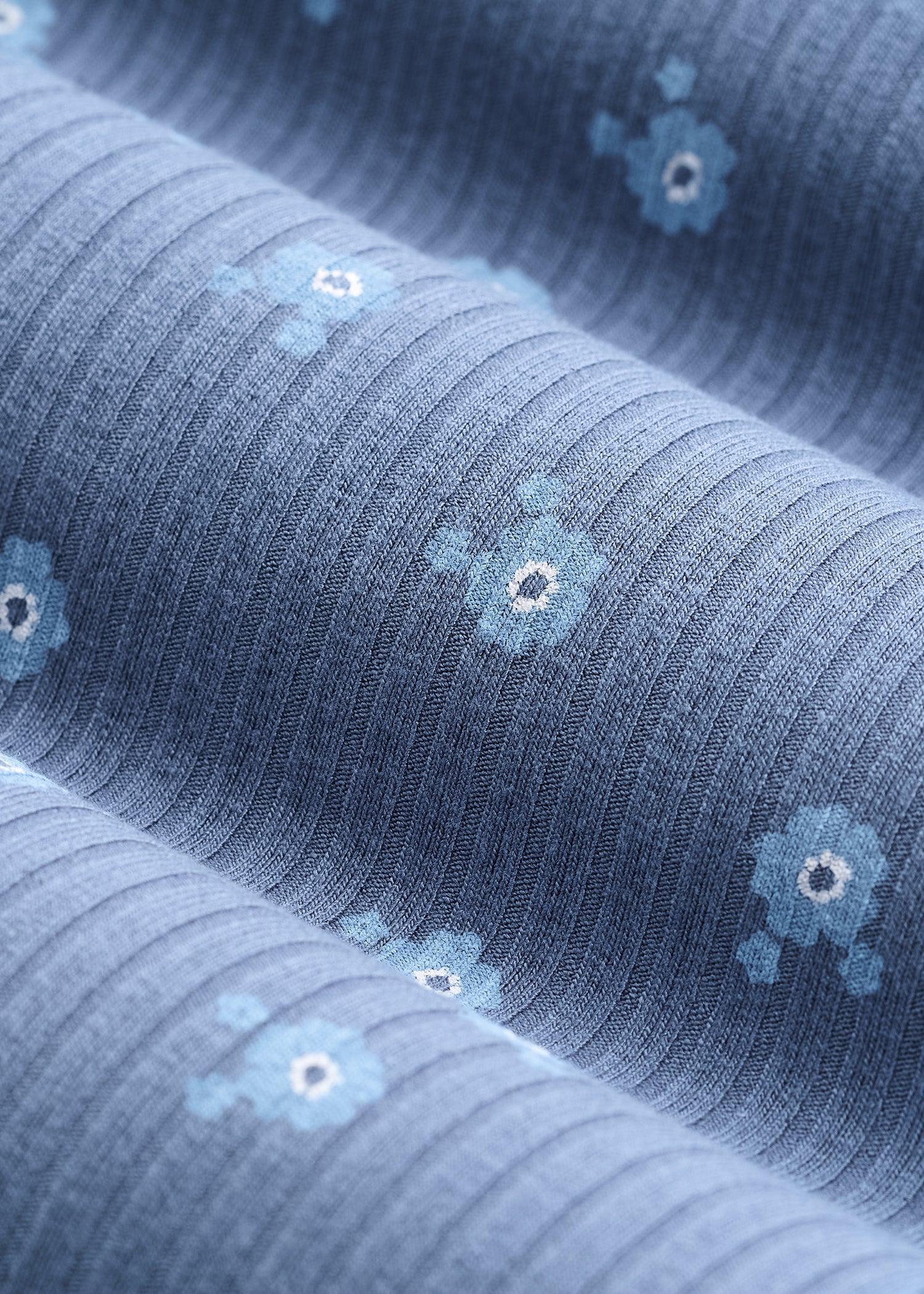 Lightweight Ribbed Cropped Lounge Shirt for Tall Women in Vintage Indigo Floral Product Image