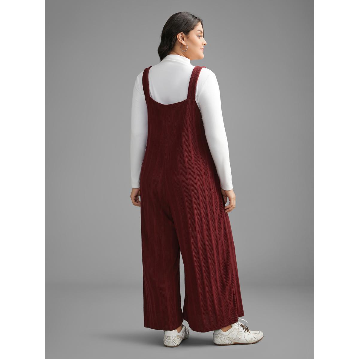 Plus Size Burgundy Textured Pockets Straight Leg Overall Women Casual Sleeveless Non Everyday Loose Jumpsuits BloomChic 28/5X Product Image