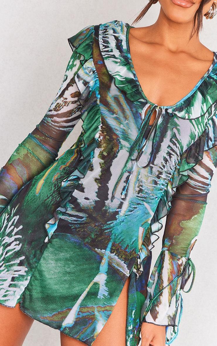 Multi Abstract Printed Double Mesh Long Sleeve Shift Dress Product Image