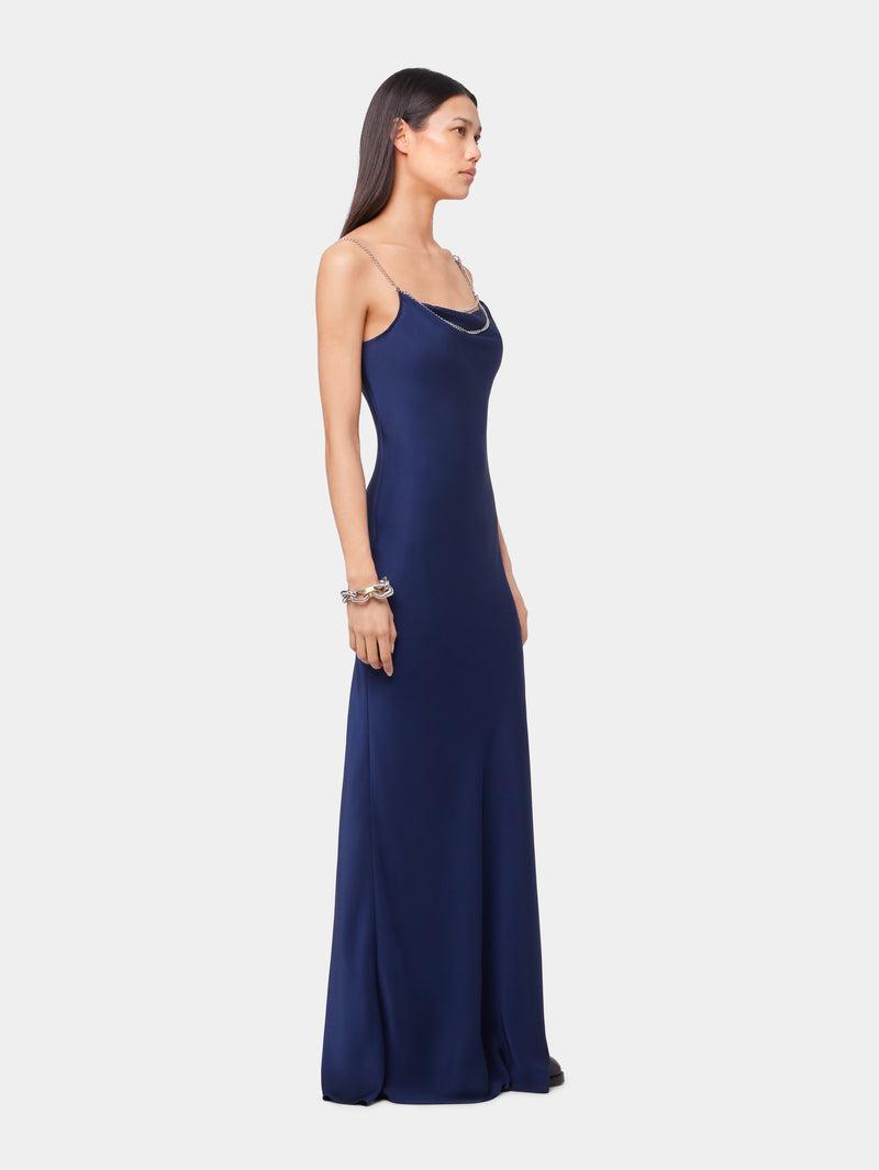 BLUE NAVY LONG SLEEVELESS DRESS IN SATIN Product Image