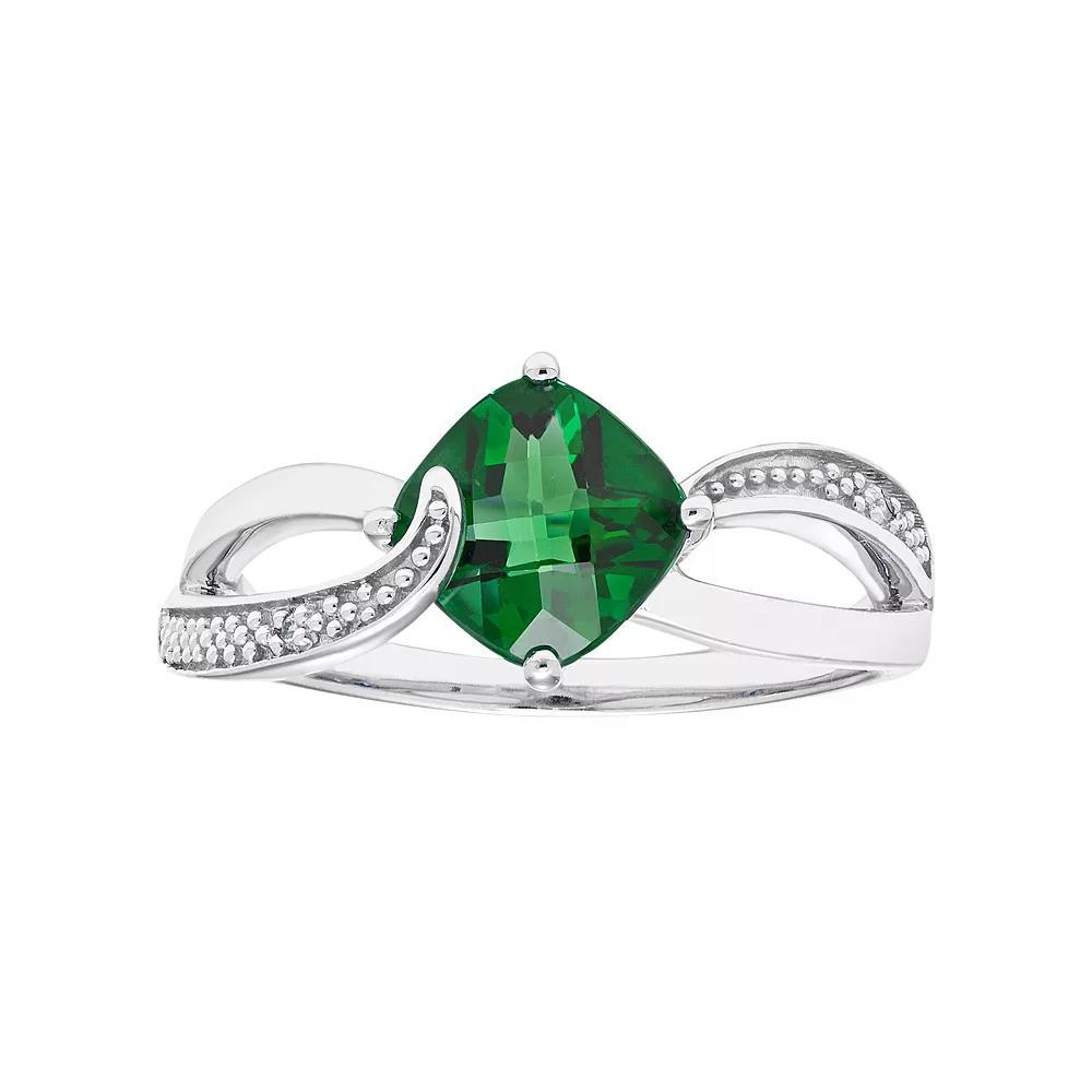 Sterling Silver Lab Created Emerald & Diamond Accent Cushion Bypass Ring, Womens Green Product Image