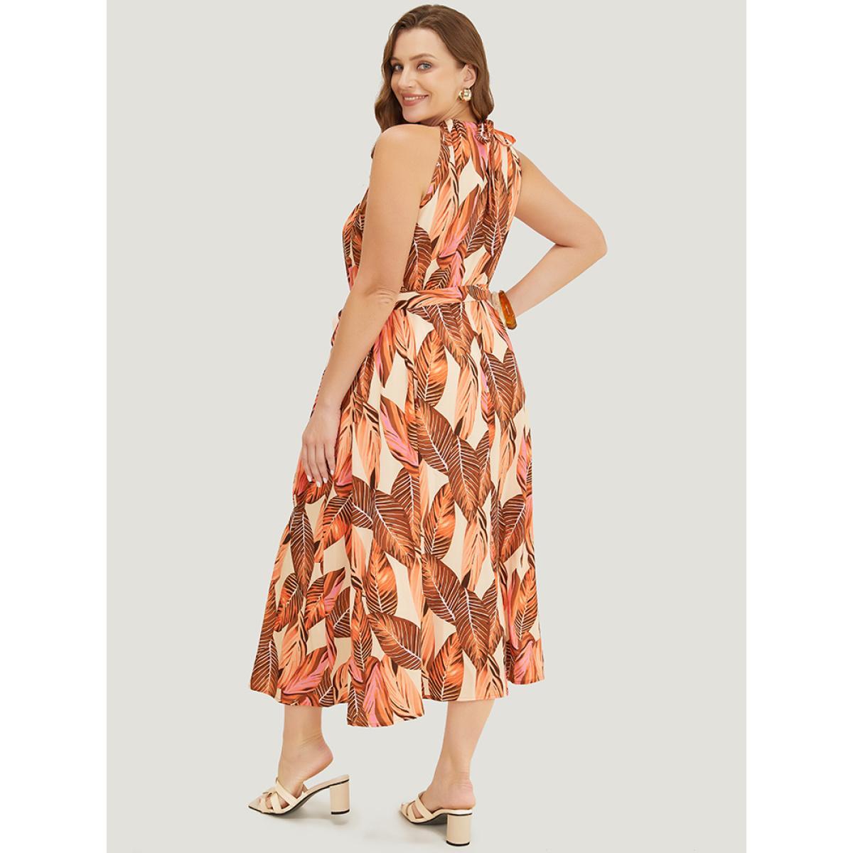 Plus Size Tropical Print Knotted Pocket Ruffles Belted Halter Dress OrangeRed Women Resort Non Halter neck Sleeveless Curvy Midi Dress BloomChic 14-16/1X Product Image