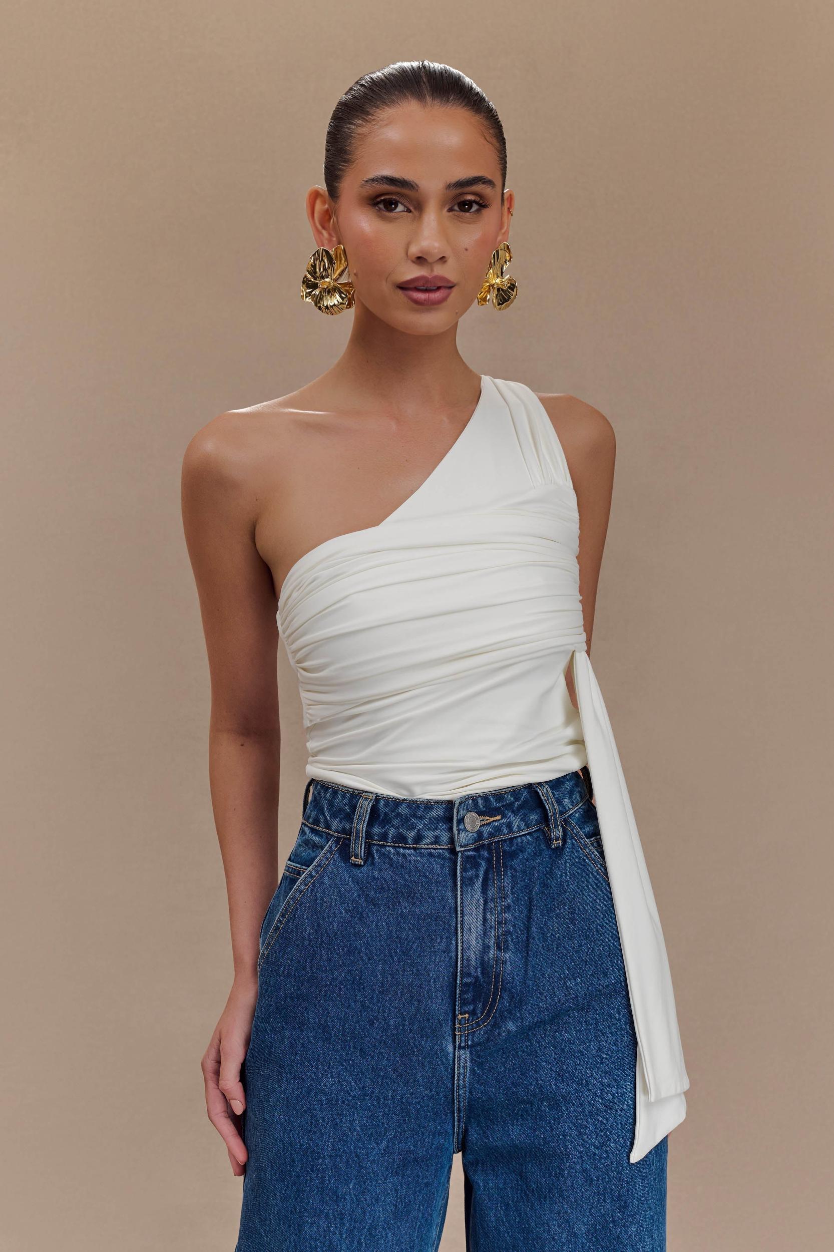 Sera One Shoulder Recycled Nylon Top With Drape - Ivory Product Image
