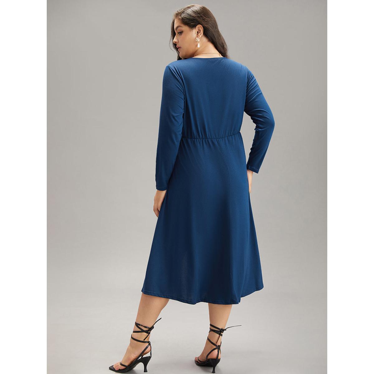 Plus Size Supersoft Essentials Ruched Split Side Dress DarkBlue Women Elegant Plain V-neck Long Sleeve Curvy Midi Dress BloomChic 12/L Product Image