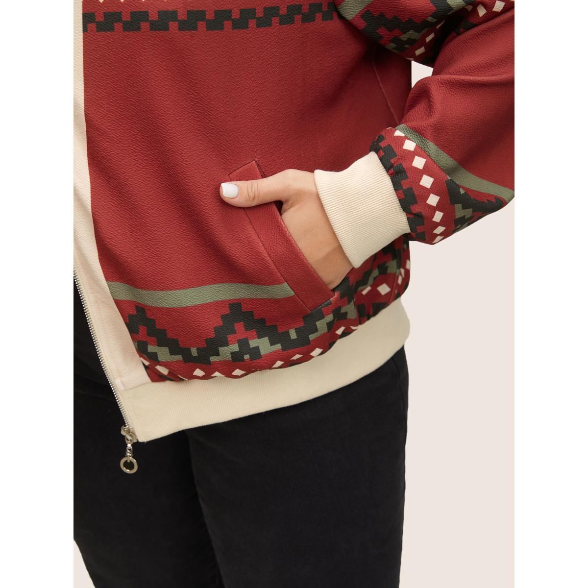 Plus Size Colorblock Rib Knit Pocket Zipper Fly Jacket Women Scarlet Non Slanted pocket Everyday Jackets BloomChic 30/6X Product Image