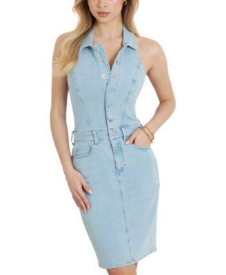 Guess Womens Elodee Collared Halter Sleeveless Denim Bodycon Dress Product Image