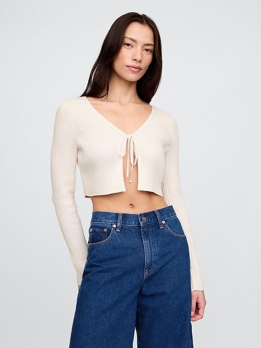 100% Cotton Cropped Tie-Front Cardigan Product Image