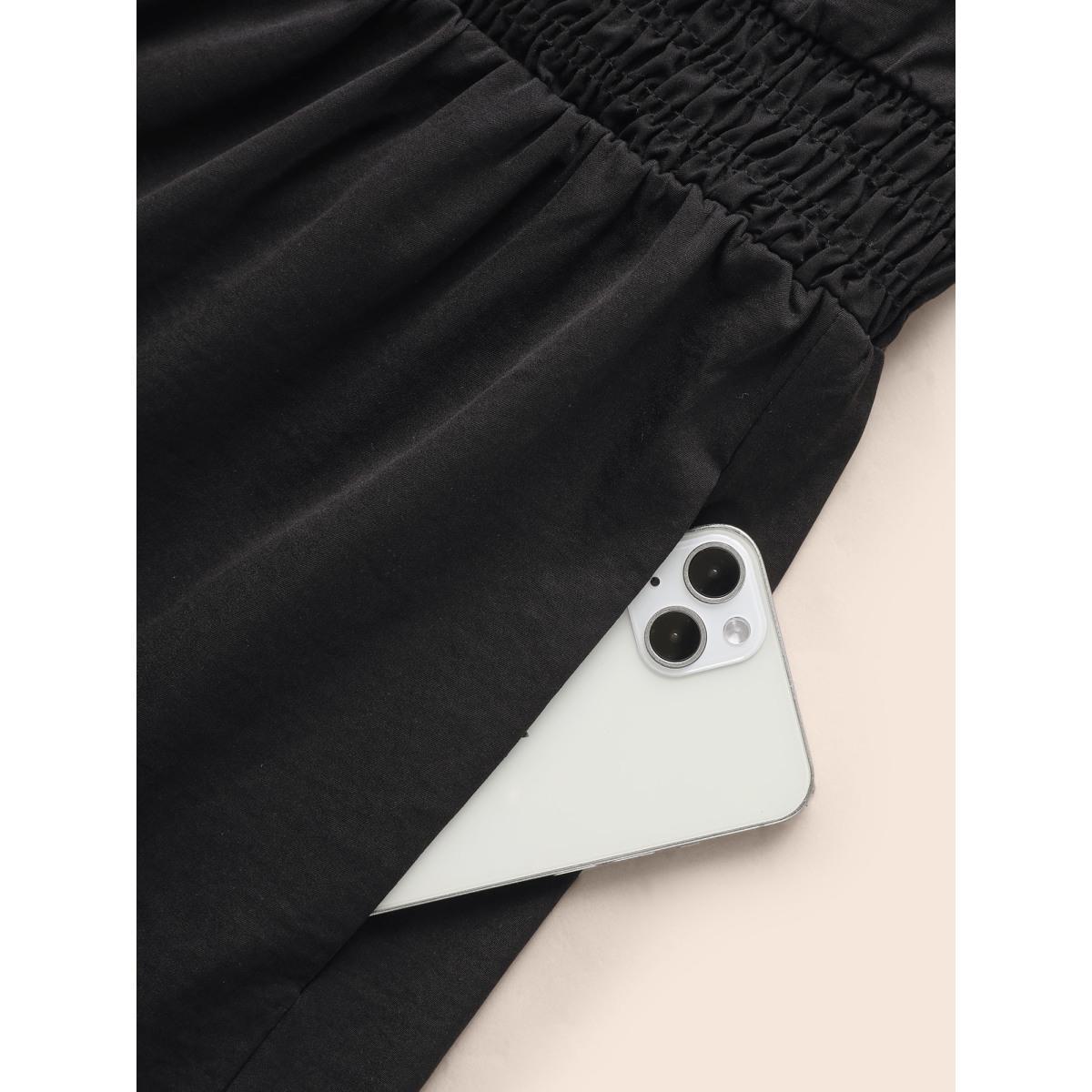 Plus Size Plain Frill Trim Ruffle Layered Hem Dress Black Women Resort Tucked seam Mock Neck Short sleeve Curvy BloomChic 10/M Product Image