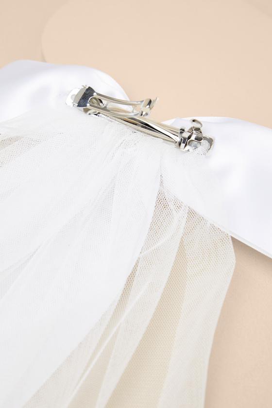 Ellia White Satin Tulle Layered Bow Hair Barrette Product Image