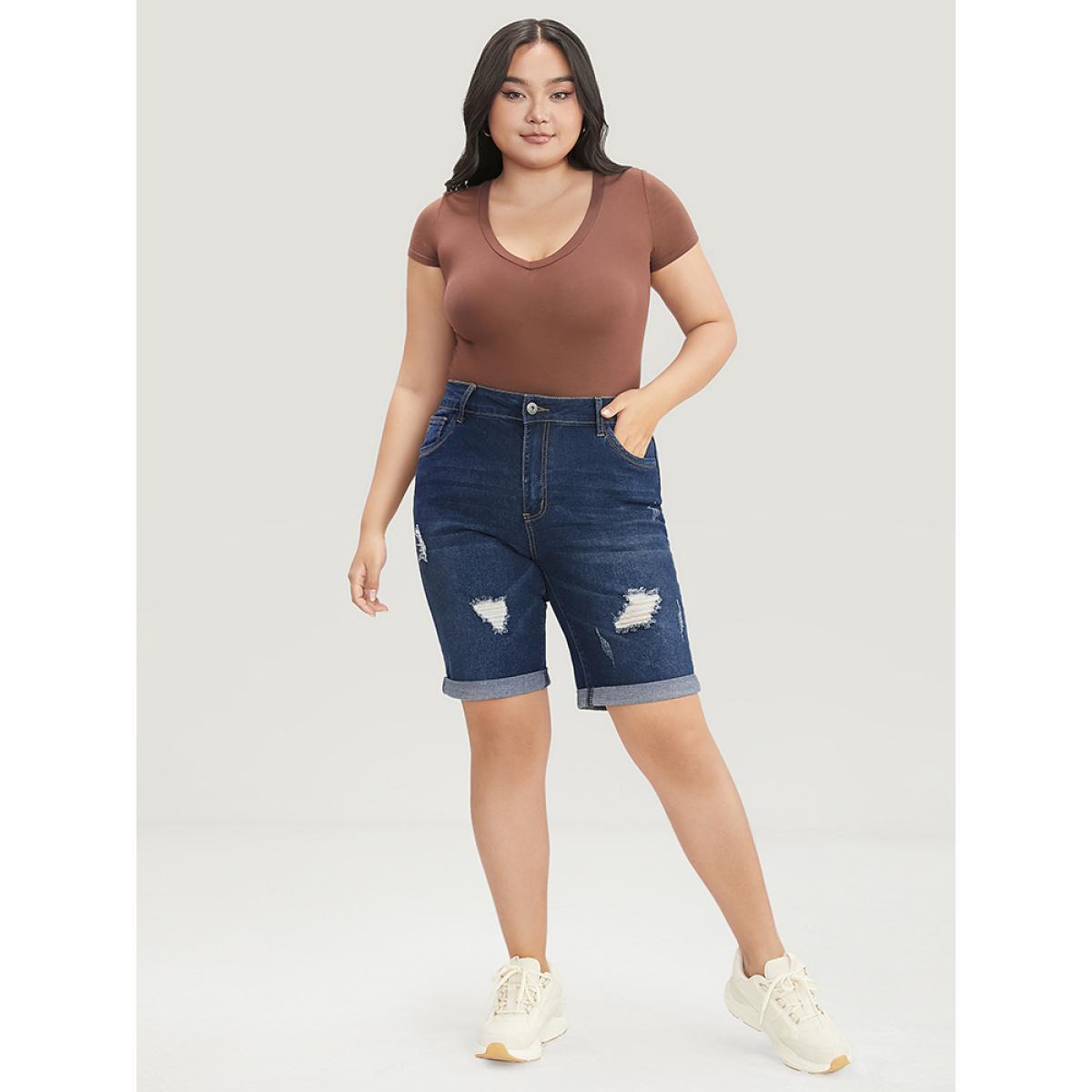 Plus Size Slightly Stretchy High Rise Dark Wash Distressed Denim Shorts Women DarkBlue Casual Plain Distressed Low stretch Pocket Jeans BloomChic 18/2X Product Image