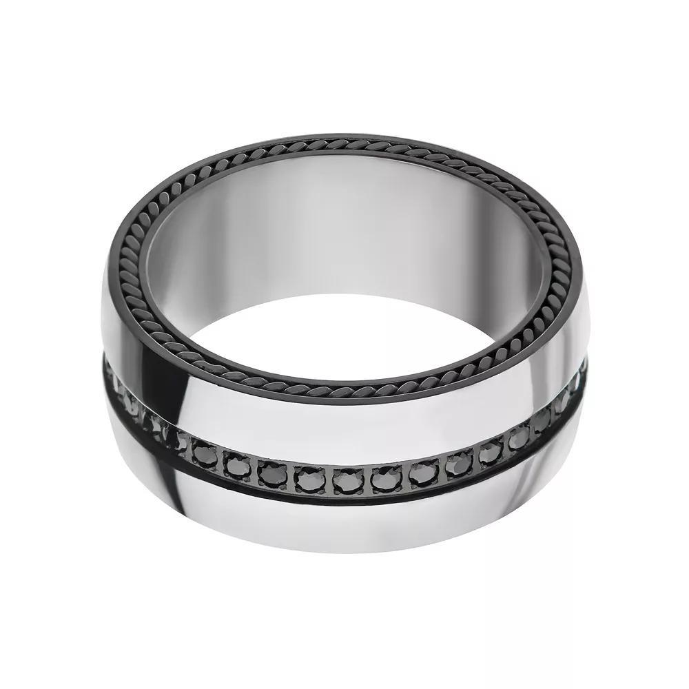 Mens Two Tone Sterling Silver Black Cubic Zirconia Ring Silver Tone Product Image