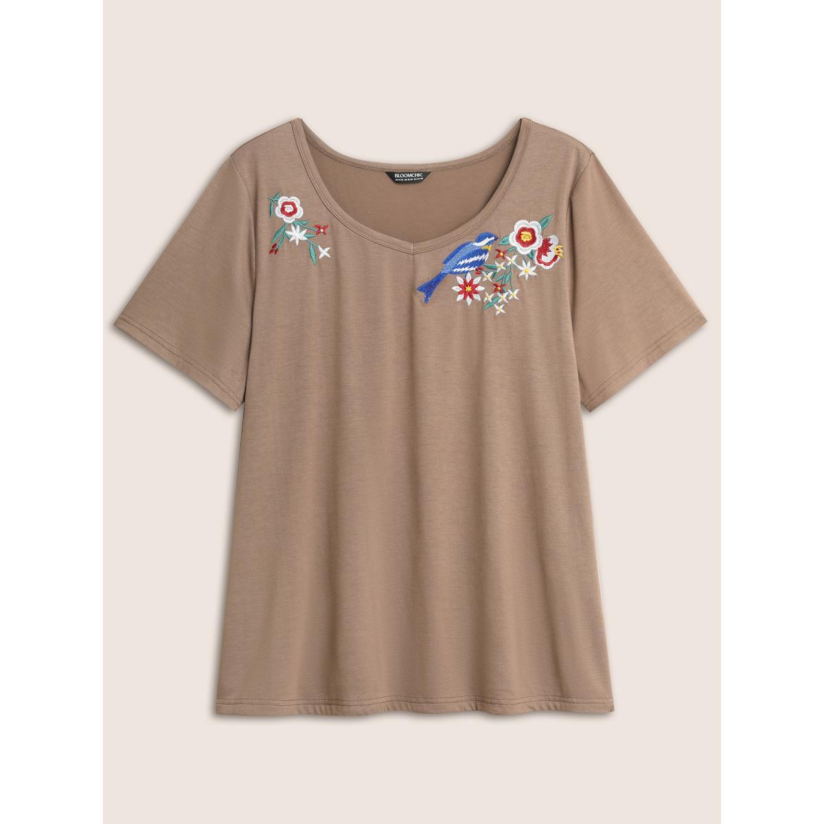 Plus Size Heart Neckline Natural Floral Embroidered T-shirt LightBrown Women Casual Contrast Natural Flowers Heart neckline Everyday T-shirts BloomChic 28/5X Product Image