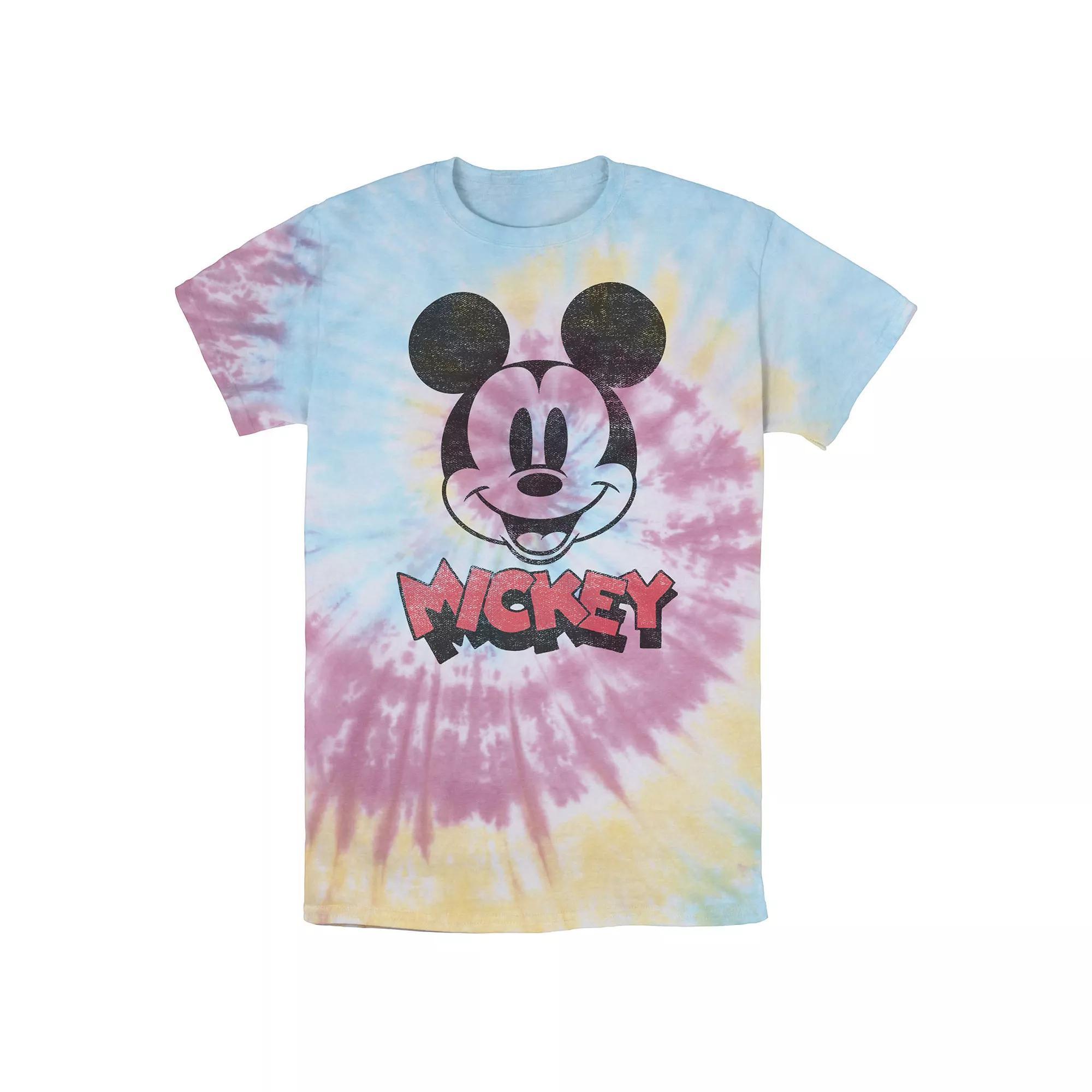 Men's Disney Mickey And Friends Mickey Big Face Logo Wash Tee, Size: Small, Blue Pink Light Yellow Product Image