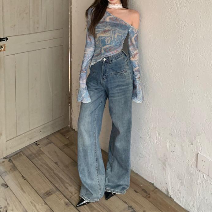 Long-Sleeve Off-Shoulder Tie Dye Asymmetrical Mesh Slim Fit Top Product Image