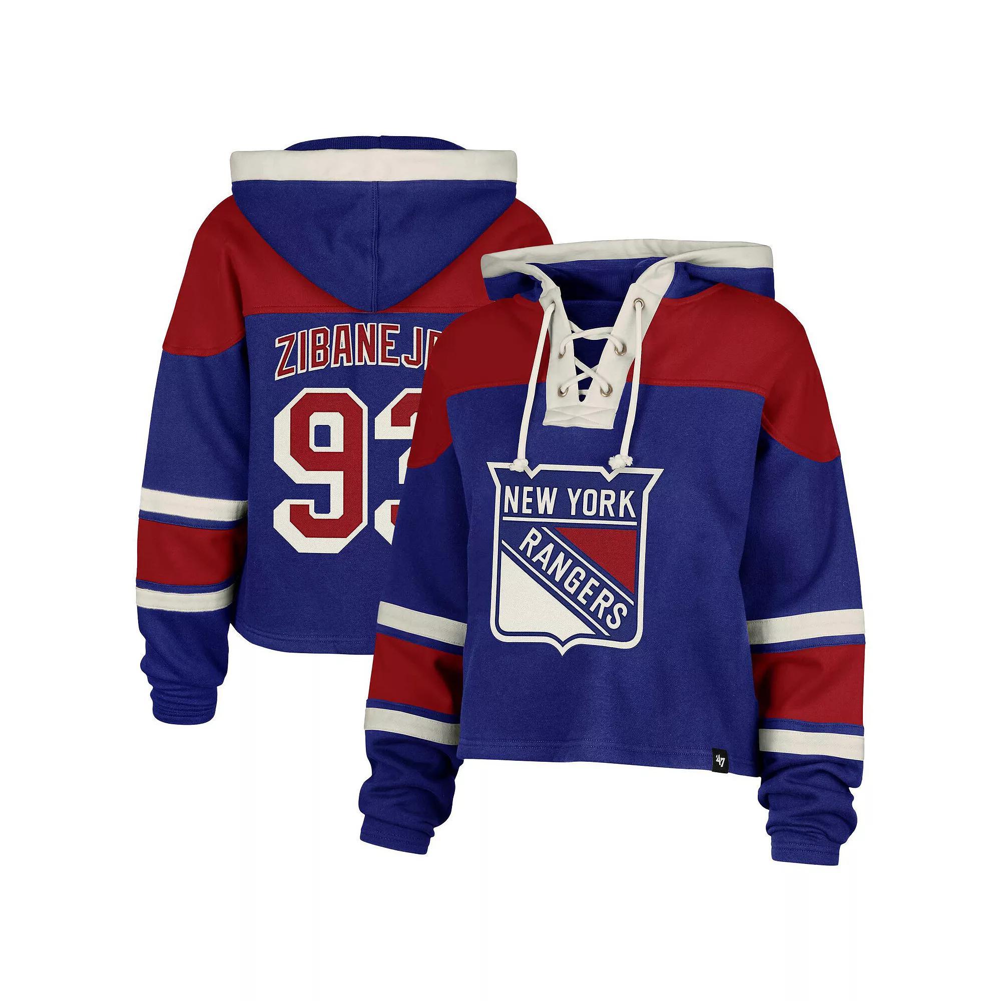 Women's '47 Mika Zibanejad Blue New York Rangers Superior Lacer Cropped Pullover Hoodie, Size: Large, Ran Blue Product Image
