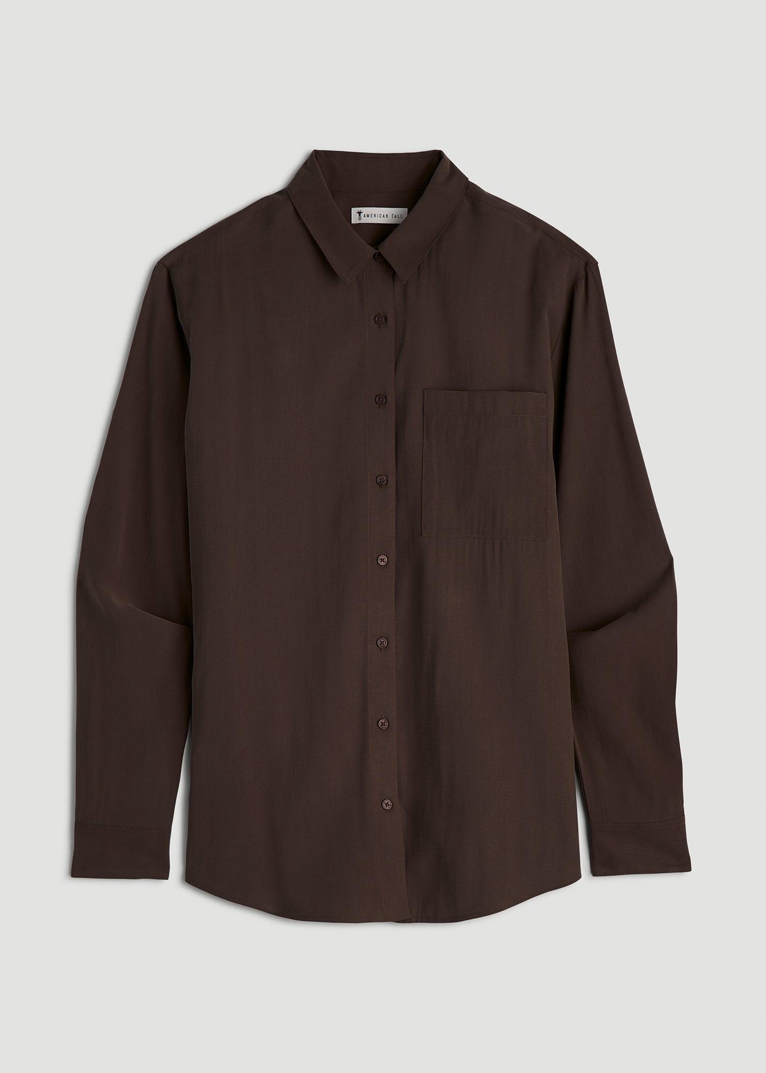 Relaxed Button-Up Single-Pocket Blouse for Tall Women in Espresso Product Image