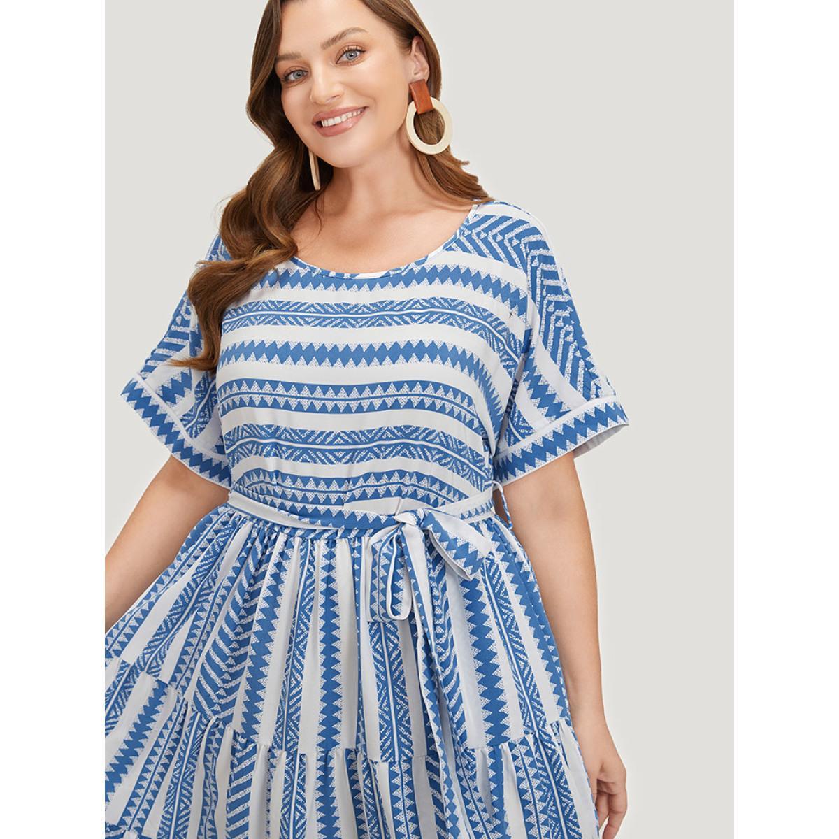 Plus Size Striped Geo Pocket Belt Pocket Layered Hem Dress LightBlue Women Vacation Tiered Round Neck Short sleeve Curvy Knee Dress BloomChic 14-16/1X Product Image