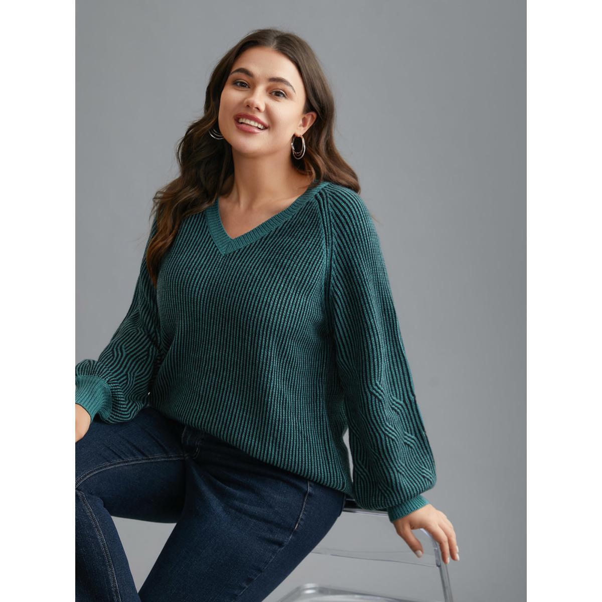 Plus Size Cable Knit V-Neck Raglan Sleeve Pullover Cyan Women Casual Loose Long Sleeve V-neck Everyday Pullovers BloomChic 30/6X Product Image